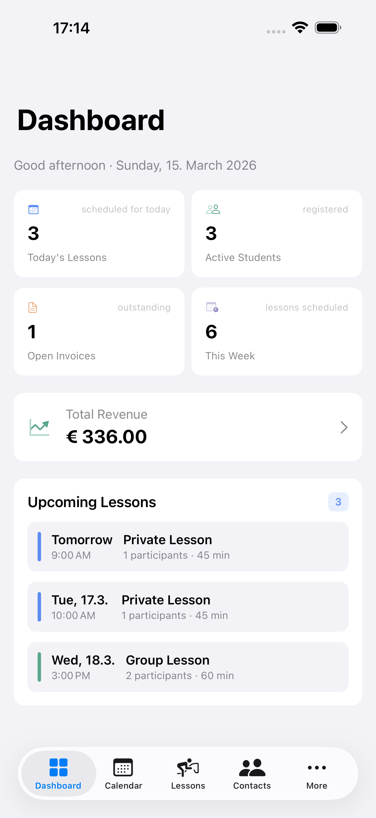 EquiFlow Dashboard showing today's lessons and revenue