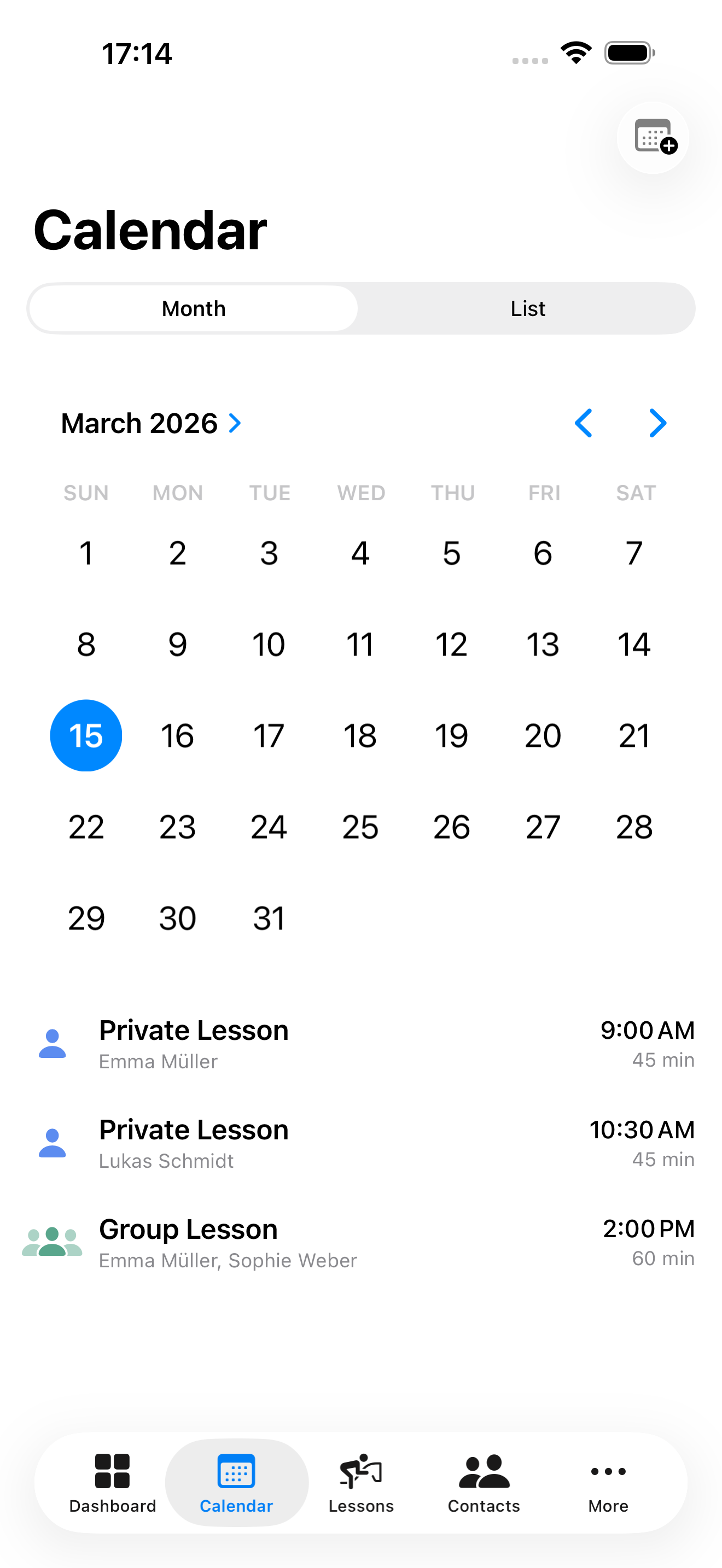 EquiFlow Calendar with monthly lesson view