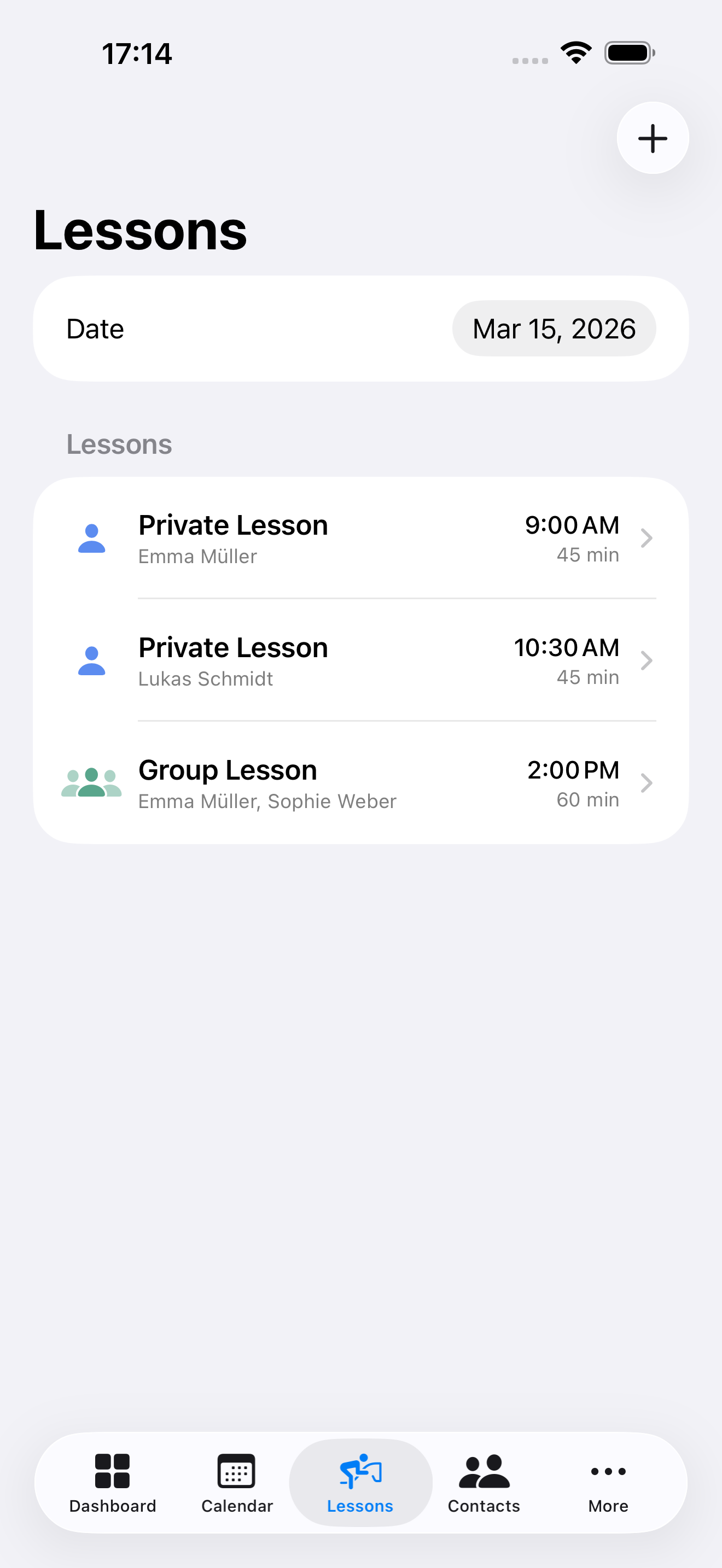 EquiFlow Lessons list with scheduled sessions