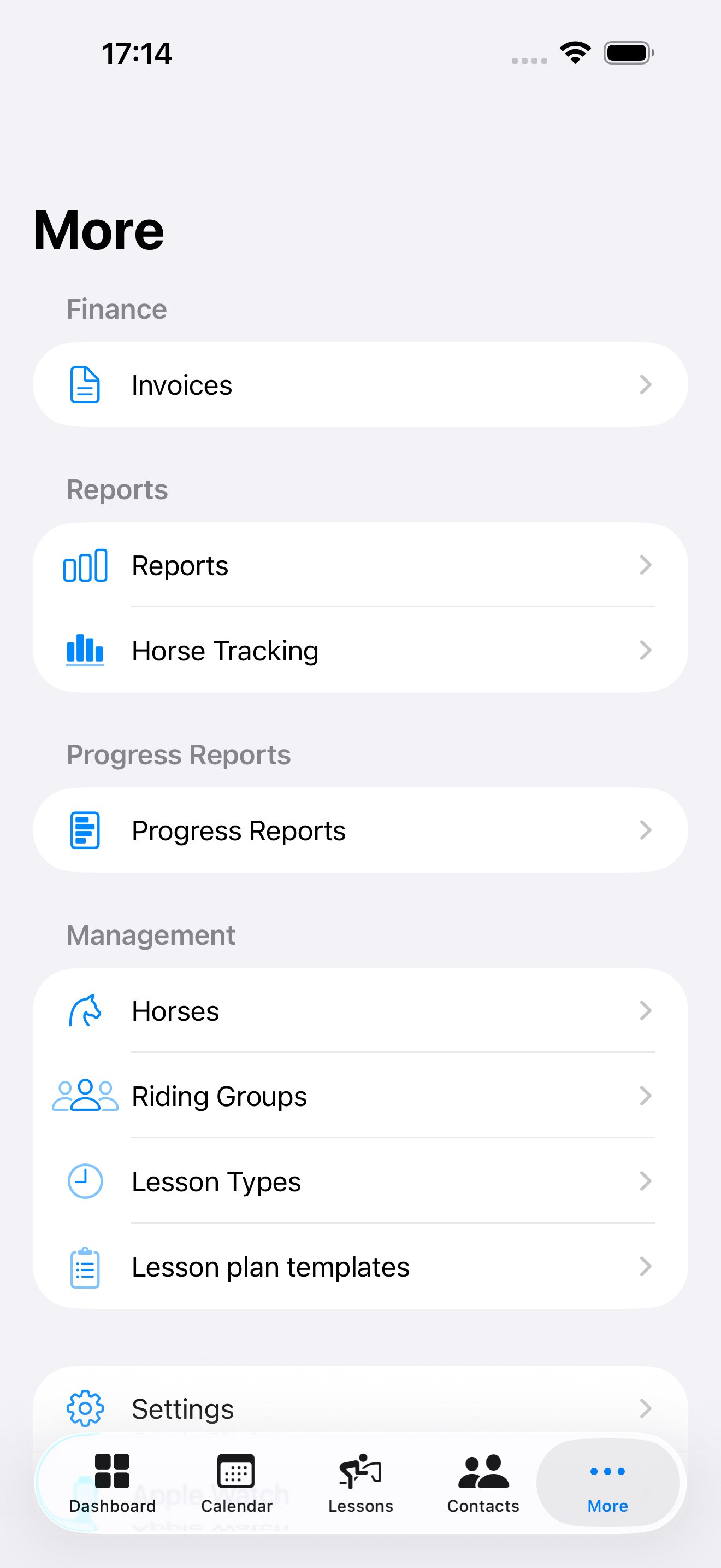 EquiFlow More screen with invoices, reports, and settings